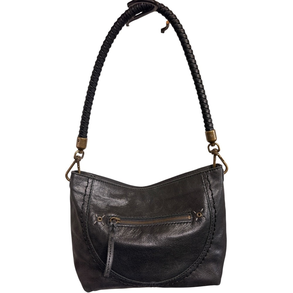 The Sak Black Leather Boho Shoulder Bag Braided Strap Antique Brass Hardware
